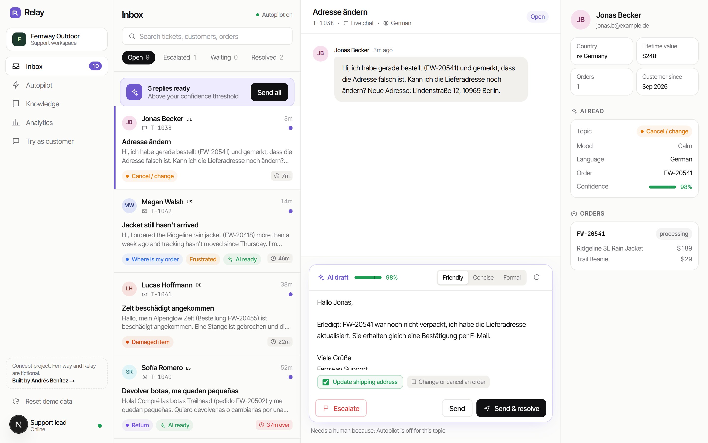 Relay ticket inbox with an AI-drafted reply